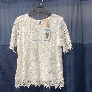 Philosophy White Short Sleeve Lace Blouse Size L NWT